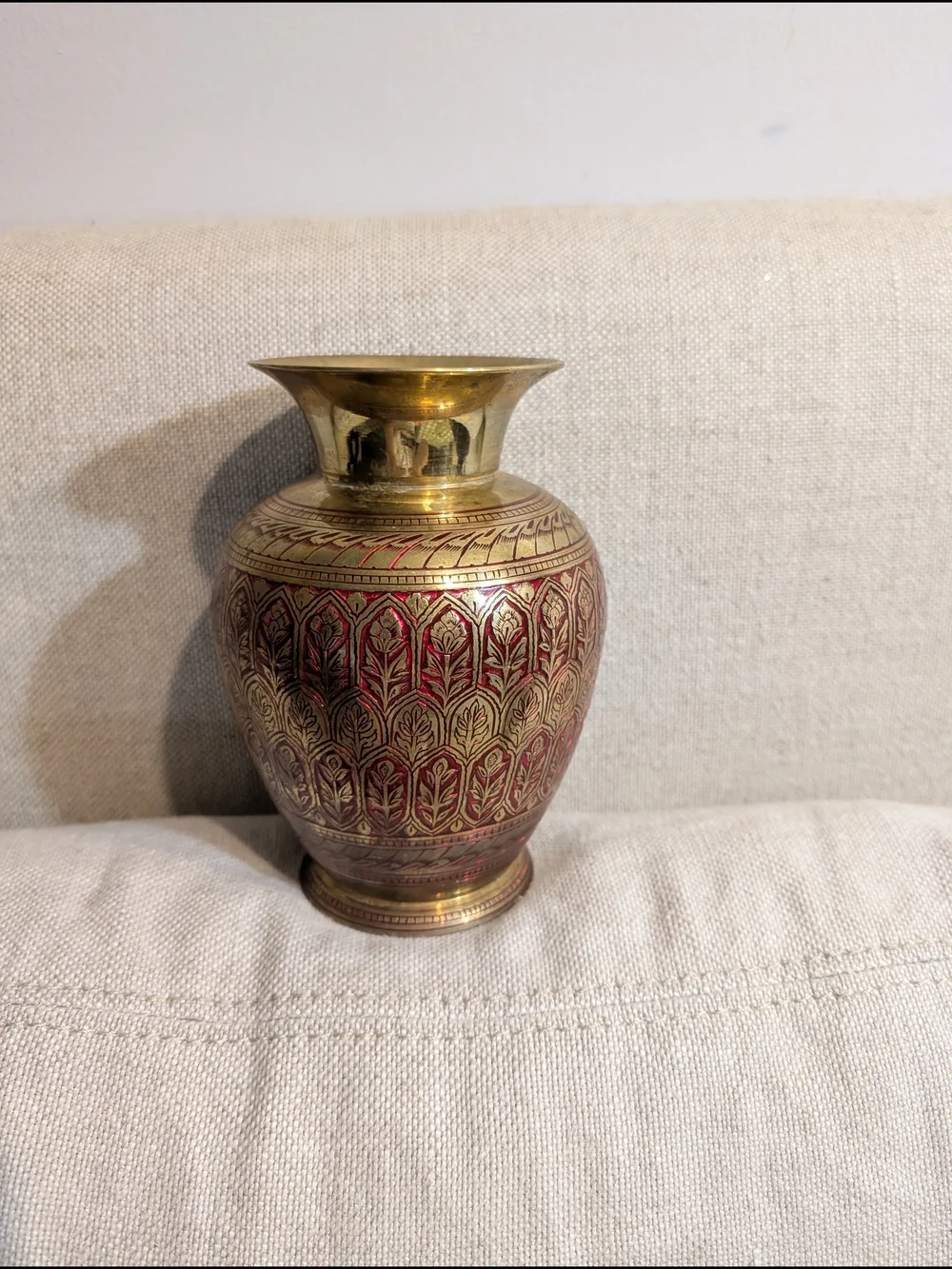 Brass Decorative Vase with Red Patina Accent Vintage Indian Home Accents